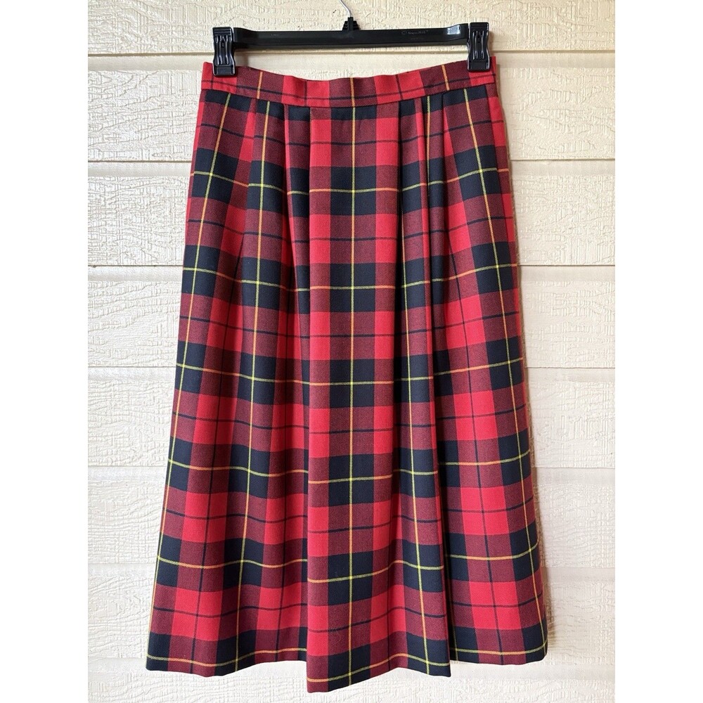 Vintage Lands End women Red Tartan Plaid Wool Long Midi Skirt size 12P 12 Petite